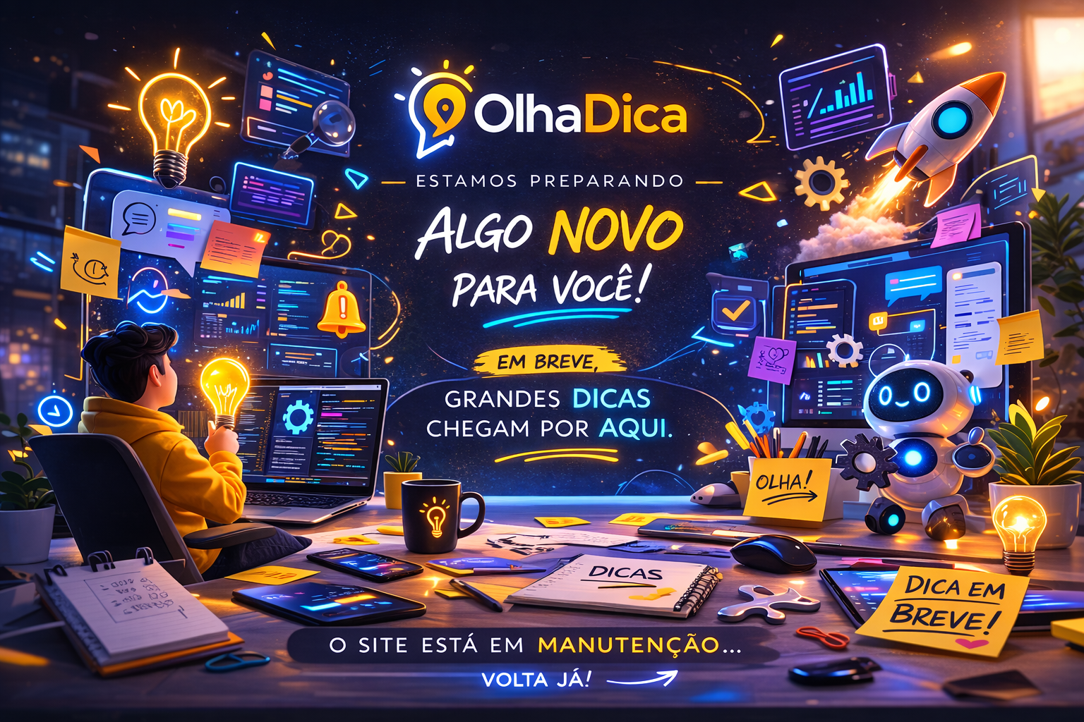 Ilustração do OlhaDica em manutenção, com visual moderno, tecnológico e criativo